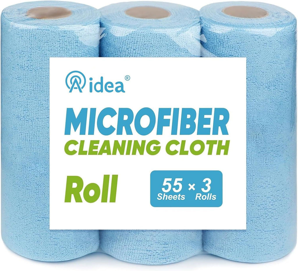 AIDEA Microfiber Cleaning Cloth 165 Sheets 3 Roll, Microfiber Towels for Cars, Blue Shop Towels, Shop Rags Washable, Cleaning Rags Reusable Paper Towels for Automotive, Workshops, House,11×9"