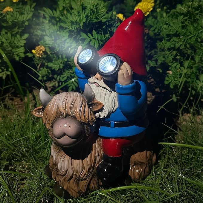 Gnome Garden Statue Solar Lights Outdoor Binoculars on Highland Cow,Birthday Gifts for Women/Men, Housewarming Gifts,Outdoor Decor for Balcony,Garden,Patio,Yard,Lawn(Cow Gnome)