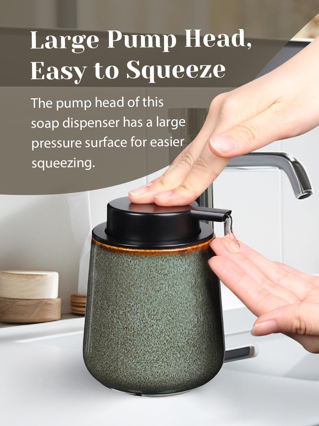 INGOFIN Ceramic Lotion Dispenser - 12 oz Refillable Hand Soap Dispenser Bathroom, Modern Liquid Dispenser with Pump, Dish Soap Dispenser for Kitchen,Kiln-Glazed Green