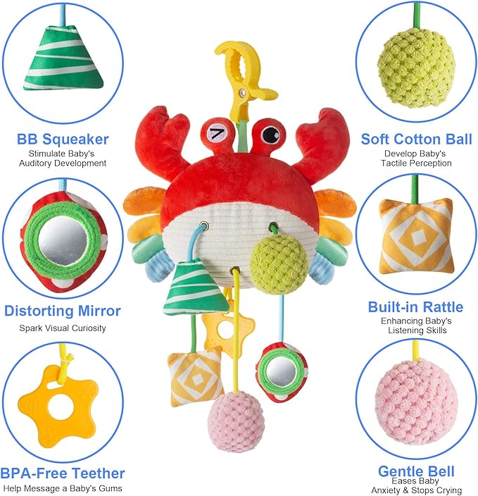 Car Seat Toy for Babies 0-6 Months, Stroller Toy with a Convenient clip, Carseat Toys Hanging Baby Accessories,Built-In Bell, Rattle,Squeaky,Mirror for infant,Babies Gift 0-3-6-12 months Boy Girl