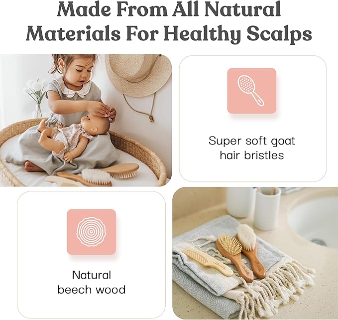 4 Piece Wooden Baby Hair Brush and Comb Set for Newborns & Toddlers in Chic Gift Box - Ultra Soft Natural Goat Hair and Wood Baby Brush Set Prevents Cradle Cap - Perfect Registry Gift (Pink)