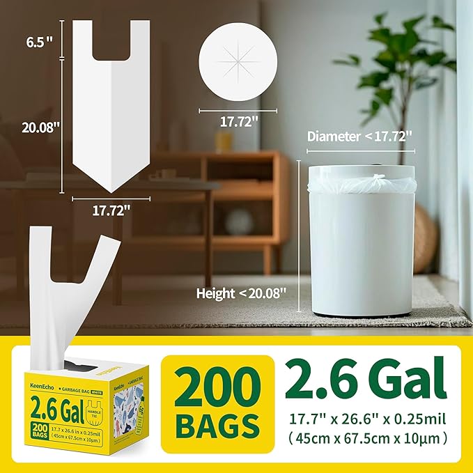 Small Trash Bags with Handles 2.6 Gallon 200 Count White - Ocean Plastic Upcycling - Plastic Garbage Bags, Can Bin & Waste Basket Liner for Kitchen, Bathroom, Office and Pets