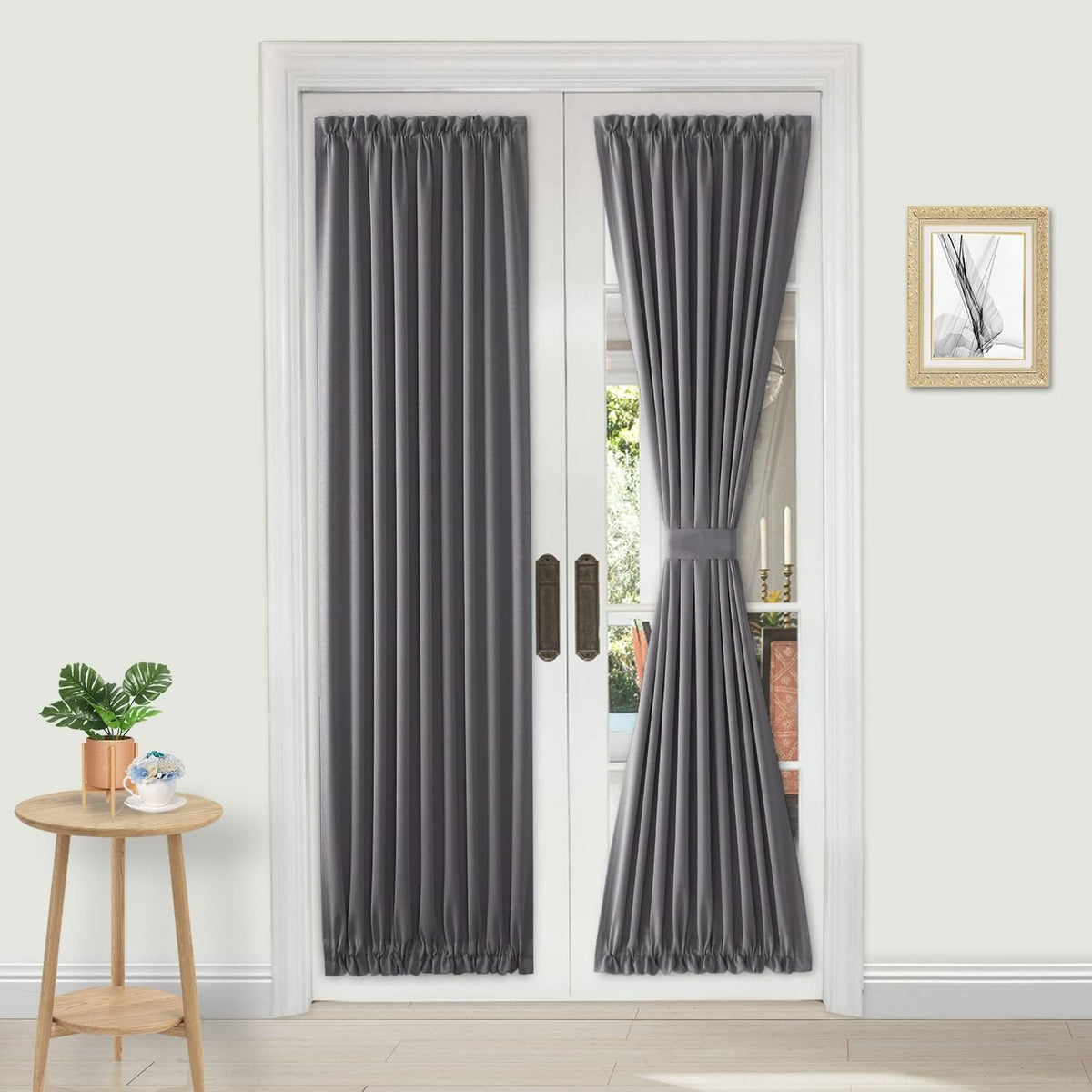 DWCN French Door Curtains – Rod Pocket Thermal Blackout Curtain for Doors with Glass Window, Kitchen and Patio Doors for Privacy, 23 X 72 Inches Long, 1 Curtain Panel with Tieback, Grey