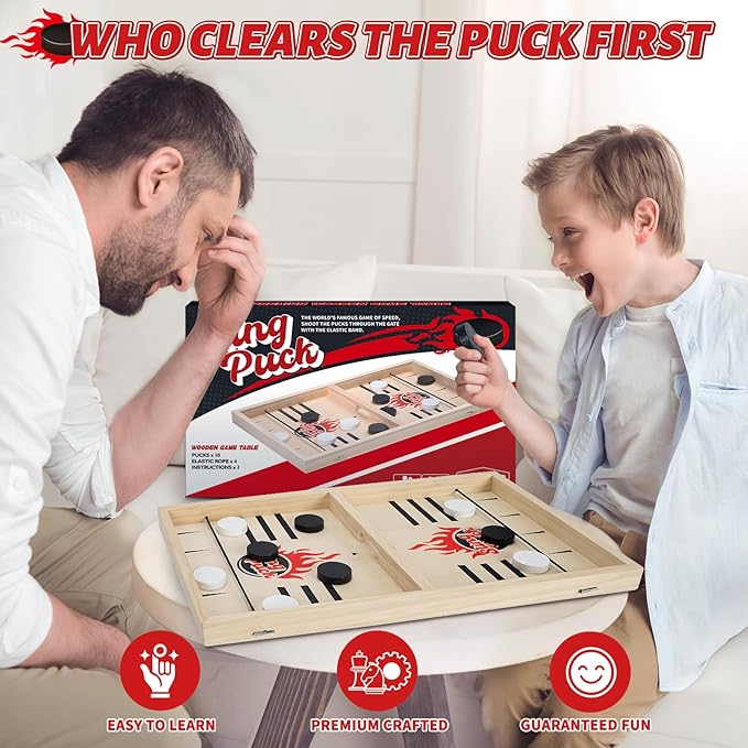 Large Fast Classic Slingshot Puck Game, Wooden Hockey Board Games for Family Night, Table Game for Adults and Kids, 2 Player Games for Ages 6 and Up, Test Speed and Accuracy, Air Hockey