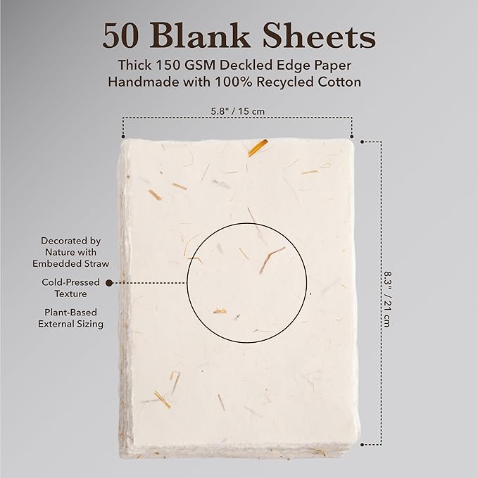 Wanderings Cream A5 Handmade Deckled Edge Cotton Paper - Cold Pressed Texture - Paint, Watercolor, Writing, Printer, Cards, Invitations, Menus, Arts and Crafts. 50 Pack 150gsm - 5.8" x 8.3"