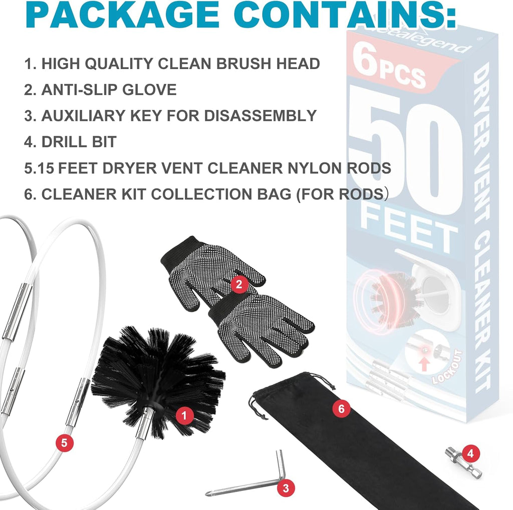 Sealegend 50 Feet Dryer Vent Cleaner Kit/Lint Remover/Fireplace Chimney Brushes/Upgraded Flexible Quick-Snap Brush with Drill Attachment for Easy to use/Cleaning Tools Use with or Without Power Drill