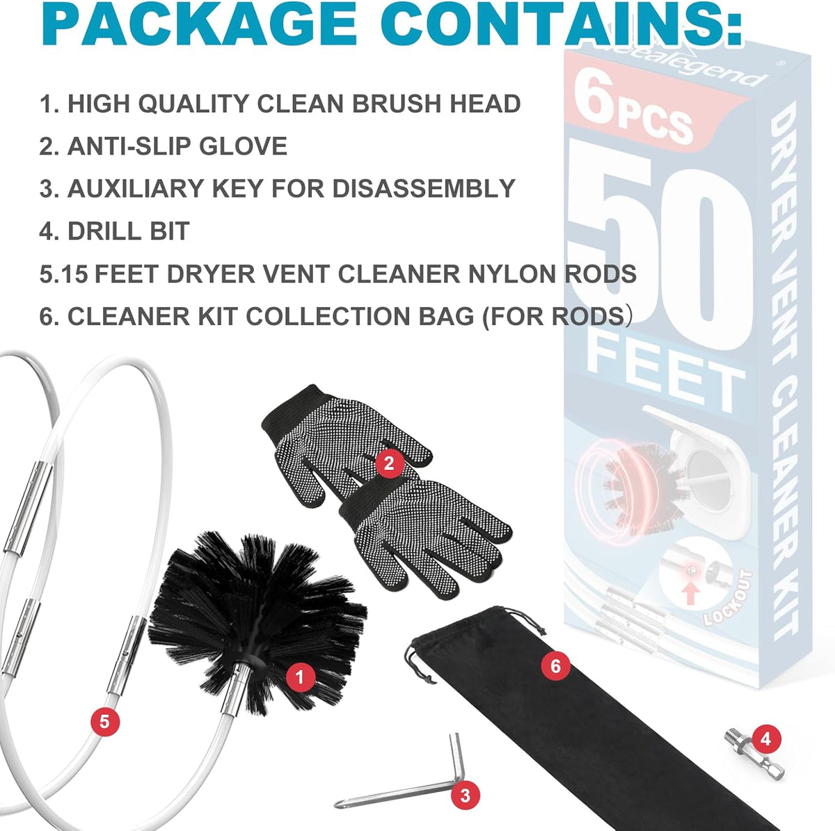 Sealegend 50 Feet Dryer Vent Cleaner Kit/Lint Remover/Fireplace Chimney Brushes/Upgraded Flexible Quick-Snap Brush with Drill Attachment for Easy to use/Cleaning Tools Use with or Without Power Drill