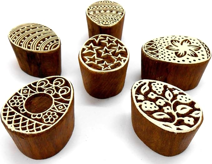 CraftsofIndia® Egg/Oval Wooden Blocks for Stamping, Block Printing on Textiles, Pottery Crafts,Henna, Scrapbooking, Wall Painting (Set of 6)