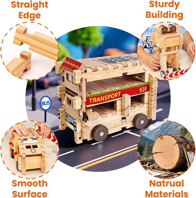 Jovi-mindly＆Notchies Wooden Blocks Train Set 101 PCS Create 40+ Shapes,Toys Educational Wooden Building Blocks Puzzles for Kids Ages 5-8 Boys and Girls,Truck/Excavator,FSC Certified,Graduate Gifts