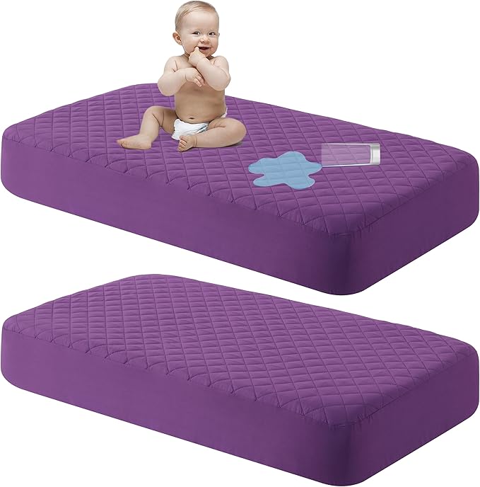 NTBAY 2 Pack Waterproof Mini Crib Mattress Protector, Quilted 24"x38" Fitted Mattress Cover - Machine Washable - Soft and Breathable Baby Mattress Pad Sheet for Mini Crib and Baby Playards, Purple