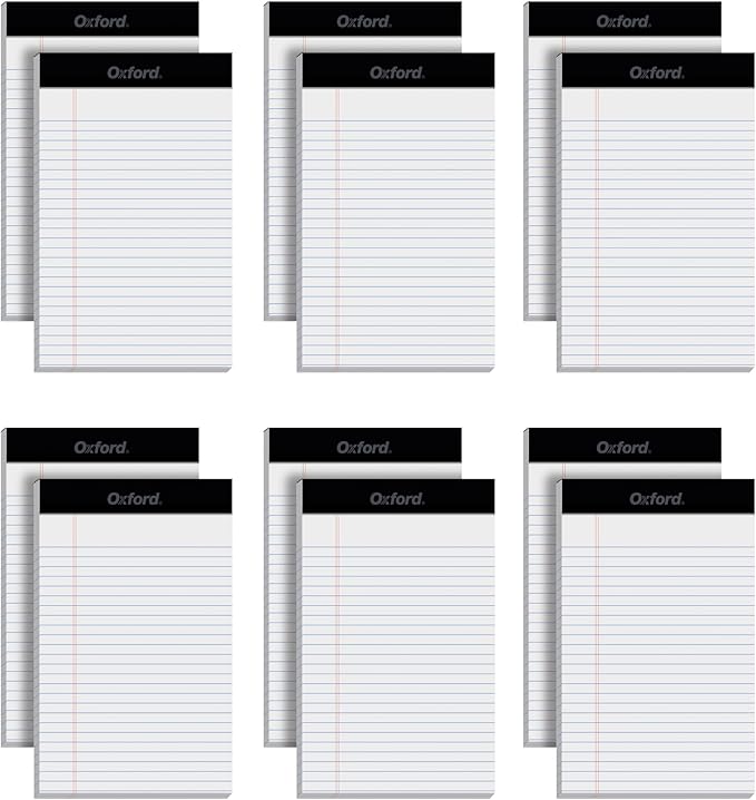 Oxford 5 x 8 Legal Pads, 12 Pack, Narrow Ruled, White Paper, 50 Sheets Per Writing Pad, Made in the USA (74019)