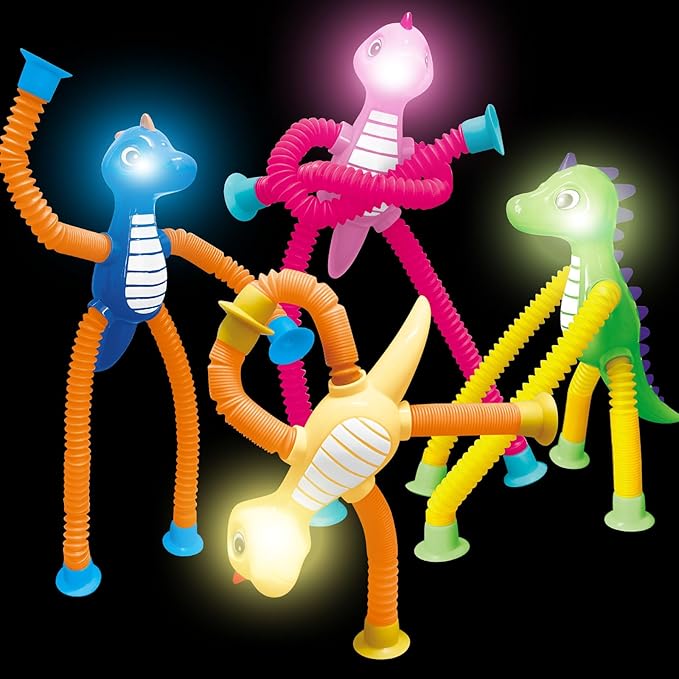 Dinosaur Pop Tubes Toys LED Light Up Mini Figures Fidget Sensory Toys Dino Telescopic Suction Cup Gift Sets, Toddler Autism Stress Relief Party Favors Prizes Stocking Stuffers for Kids 3+