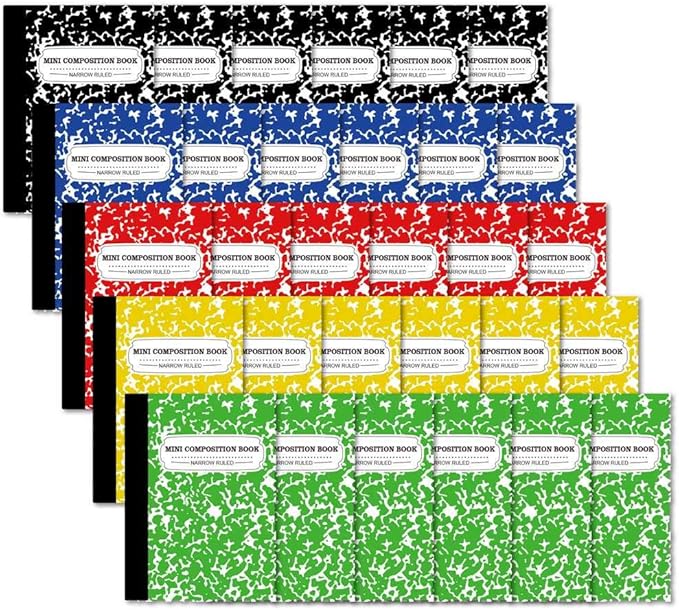 Composition Notebook, Mini Sized 30 Pack 5 Colors Narrow Ruled Mini Composition Books Bulk by Feela, Small Pocket Marble Cute Journal Notebooks for Kids School Home Office, Pocket Sized 4.5 x 3.25 in