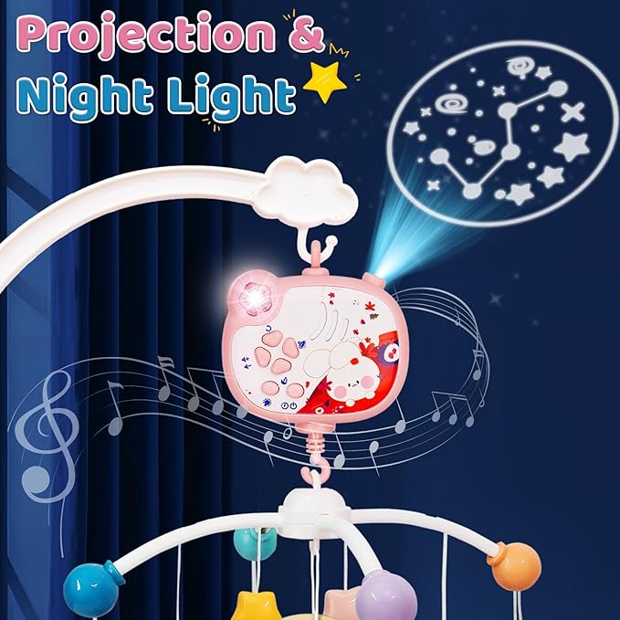Baby Mobiles for Cribs, Crib Mobile with Music and Lights, Nursery Musical Mobile for Bassinets Hanging Toys with Remote Control, Rotation, Projection, Animal Mobile Arm Clip On for Infant Boys Girls