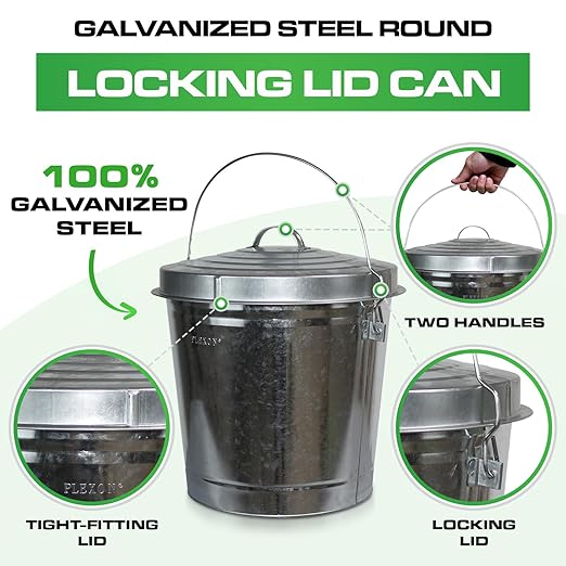 Plexon 10 Gallon Metal Trash Can with Locking Lid Galvanized Bucket with Lid for Poultry Feed Bird Seed Storage Ash Outdoor Garbage Trash Bin, 2 Pack