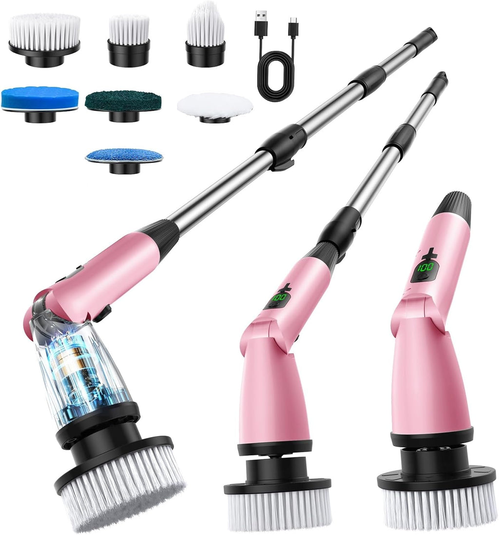 11 in 1 Electric Spin Scrubber Cordless Cleaning Brush 3 Adjustable Angles 2 Adjustable Speeds LED Display Shower Cleaner Brush Supplies Extension Long Handle for Bathroom Floor Tile Toilet Waterproof