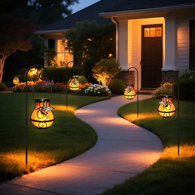 X-PREK 2 Pack Solar Lanterns Outdoor Waterproof Hummingbird Hanging Solar Lantern Flickering Flame Lights Solar Powered Lamps Garden Patio Porch Decoration(Plastics)