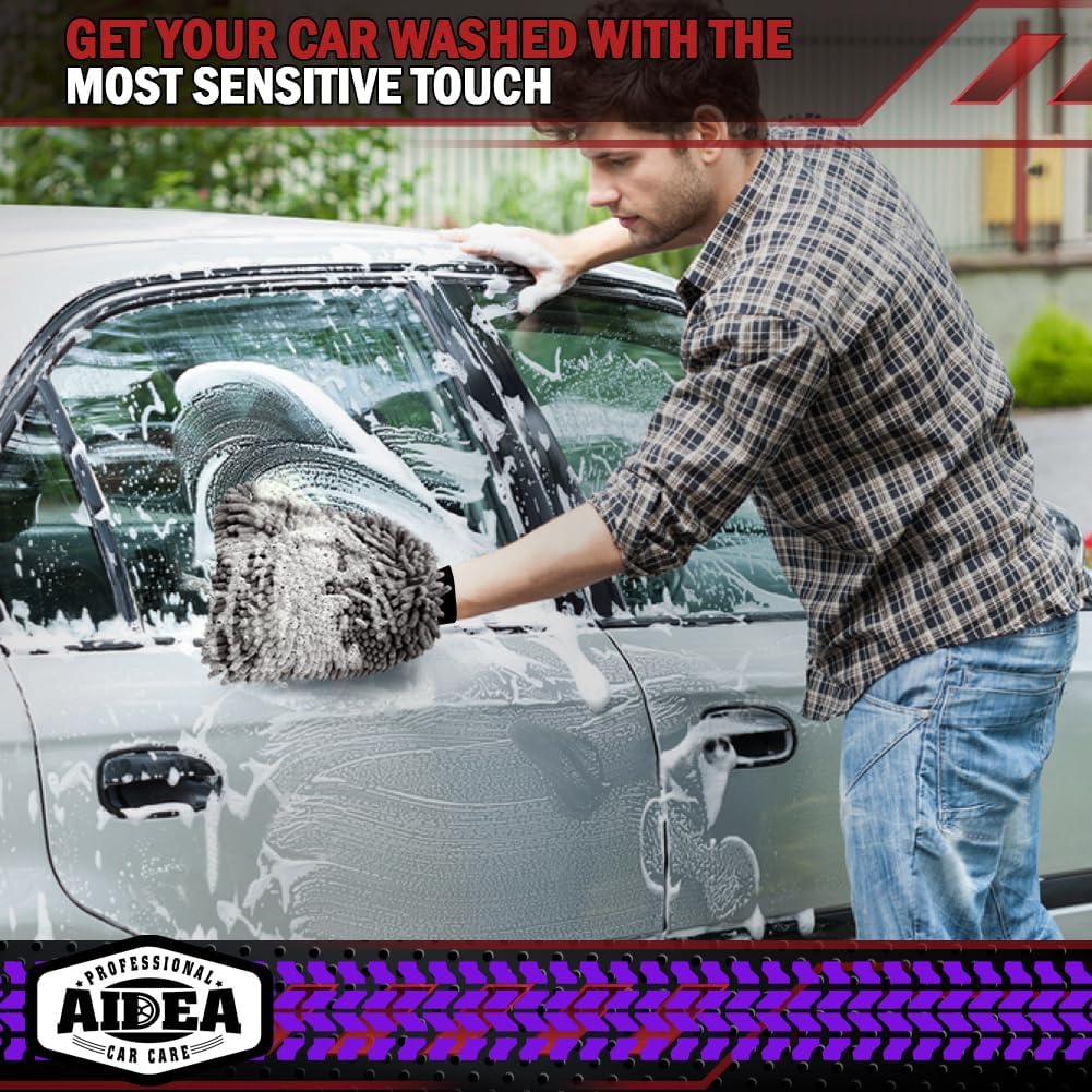 AIDEA Car Wash Mitt Microfiber-2Pack, Scratch-Free& Lint-Free, Premium Chenille Microfiber Wash Mitt-Grey Regular Size (7.12''X10.14'')
