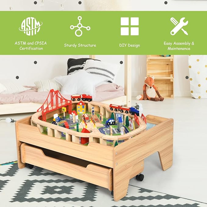 GLACER 100 Pieces Train Table, Wooden Activity Table with Storage Drawer, Tracks, Vehicles, Buildings, Wheels, Multipurpose Painted Train Table Set for Toddlers 3-5+, Gift for Boys Girls