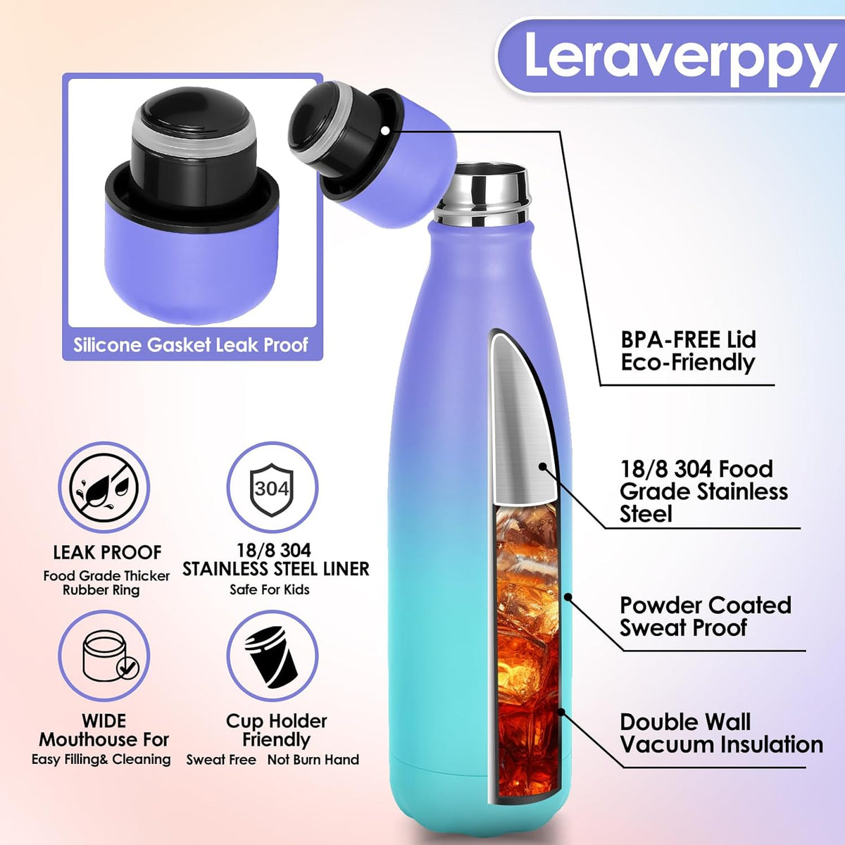 25oz Cola-Bottle Shaped Stainless Steel Leak-proof Water Bottle,Double Wall Vacuum Insulated Metal,Travel Mug For Sports Indoors & Outdoors,BPA-Free Kids Flasks,Purple Blue(2 Pack)