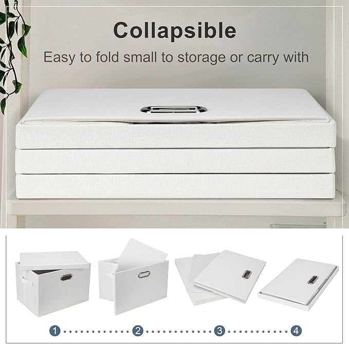 Large 17" 36 Quart Collapsible Stackable Storage Bins with Lids, 5 Packs White Linen Fabric Closet Boxes with Lids, Storage Cube Baskets Container Organizers for Bedroom Office(17 x12 x11)