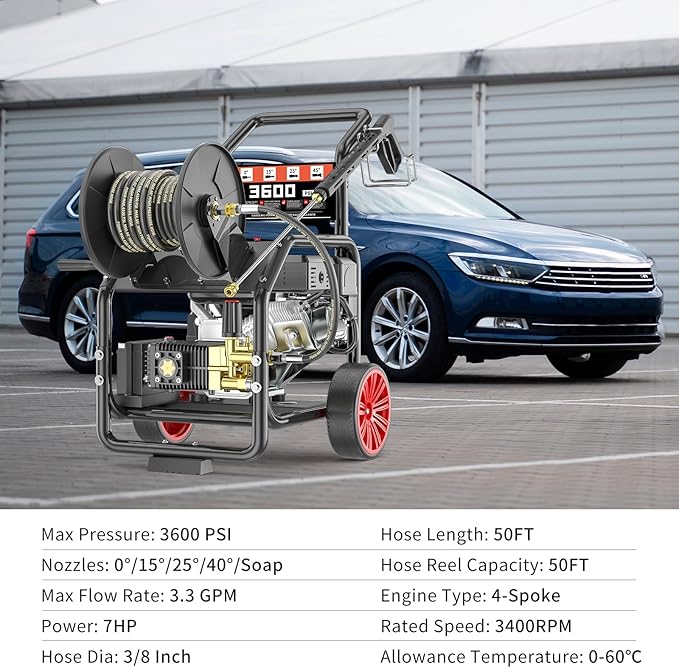3600PSI Gas Pressure Washer with Hose Reel, One-Button Start 212cc 7HP 4-Cycle Engine, 3.3 GPM Heavy Duty Power Washer with 50FT 3/8" Hose, Spray Gun & Wand, 5 Quick Connect Nozzles