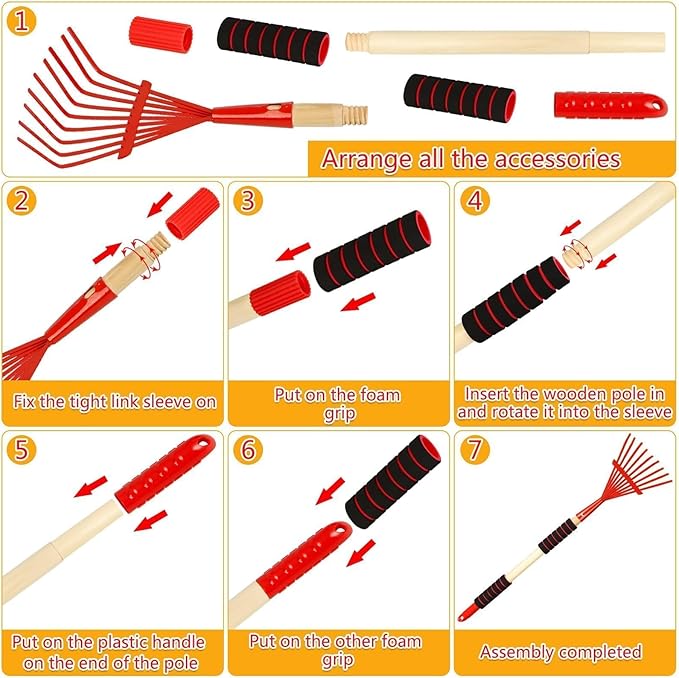 2 Pack Kids Rakes for Leaves, 28" Small Metal Toddler Rakes Garden Lawn Rake with Hardwood Handle and Soft Grip, Lightweight Child Size Yard Leaf Rake Kid Gardening Tools Set for Boys and Girls