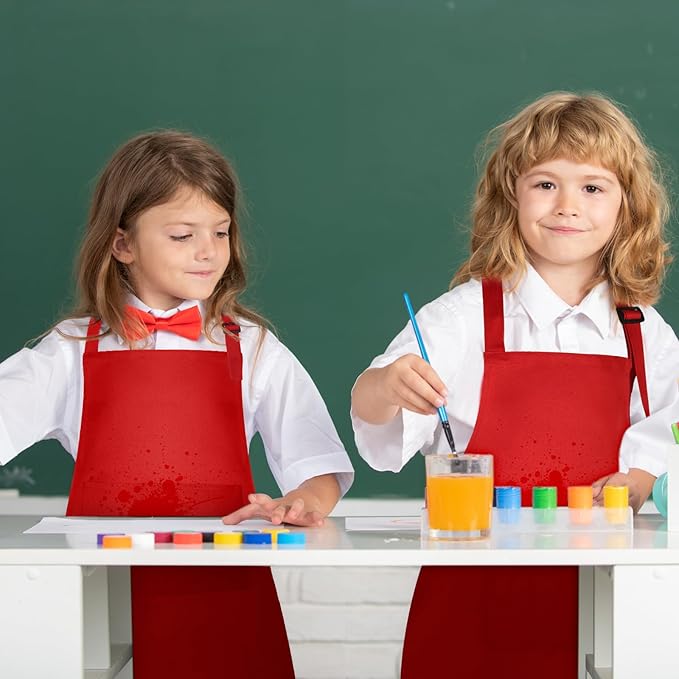PLULON 4 Pcs Aprons for Kids Adjustable Kids Red Apron Bulk with Pocket Painting Aprons For Boys Girls Painting Cooking Baking (Red)