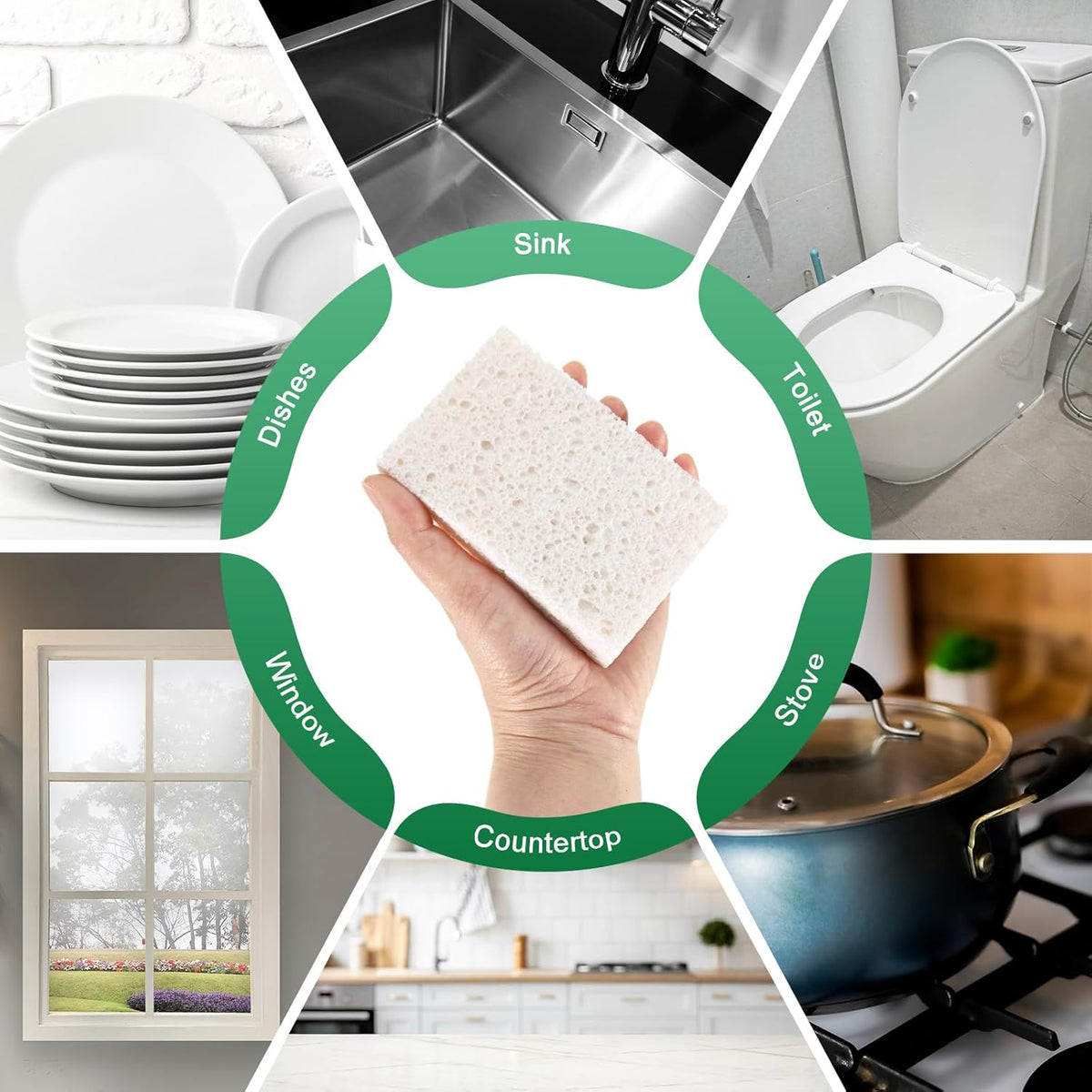 6-Pack Kitchen Sponges, Condense Eco Cellulose Non-Scratch Scrub Heavy Sponge for Kitchen/Household/Bathroom, Clean Tough Messes Dish Scrubber [White]