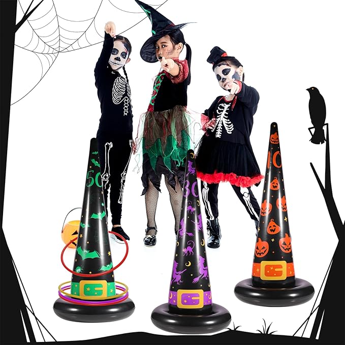Halloween Ring Toss Game Set, 5Pcs Inflatable Witch Hats with 10Pcs Colorful Plastic Rings and Air Pump for Halloween Party Games Super Fun Indoor Outdoor Party Supplies