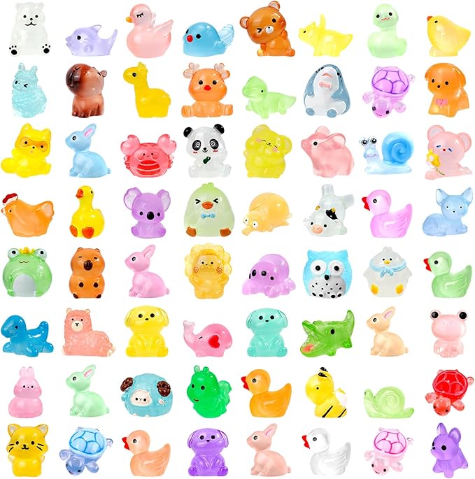 80 Pcs Luminous Mini Resin Animals 80 Styles Tiny Little Glow in The Dark Animal Figures to Hide Miniature Ducks Figurines for Party Favors DIY Fairy Garden Dollhouse Micro Landscape Aquarium Decor