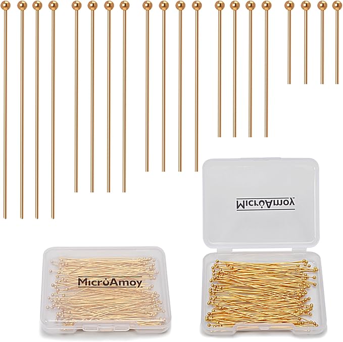 260pcs 18K Gold Filled Ball Pins Non Tarnish Craft Earring Bracelet Jewelry Making Accessories Supplies (20mm (0.78in）, Gold-Ball Pin)