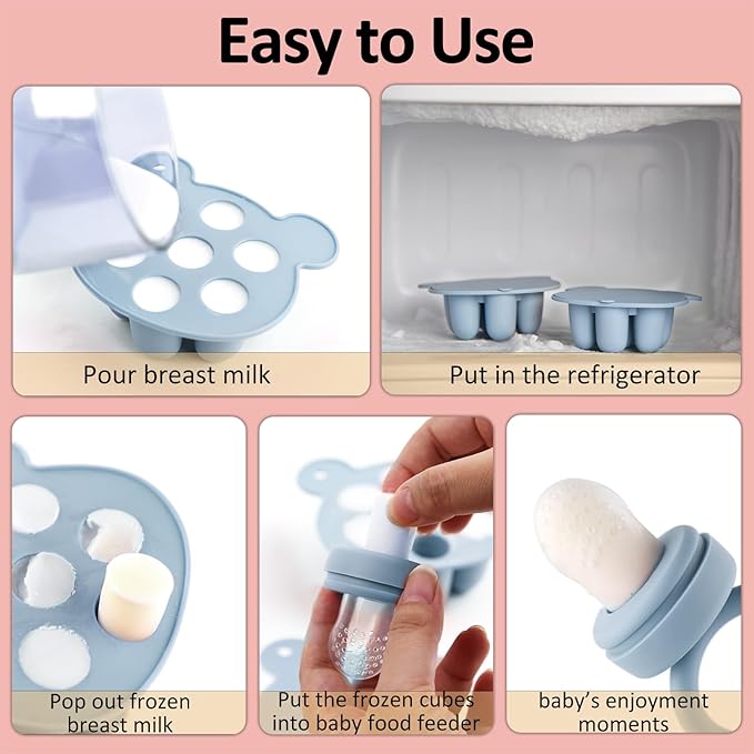 Silicone Baby Fruit Food Feeder & Mini Freezer Nibble Tray, Breastmilk Popsicle Molds for Baby Teething Relief, BPA Free Silicone Teething Toys Feeder for Safe Infant Self Feeding, Extra Food Pouches