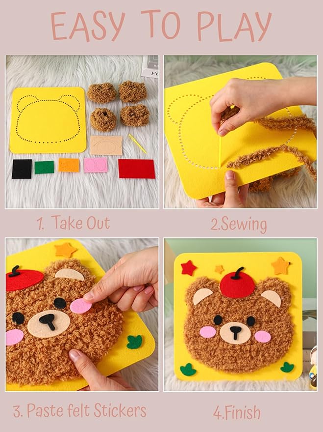 PupuMiao Sewing Kit for Kids DIY Embroidery Sewing Kit Cute Animal Sewing Projects Easy Crafts with English Instructions, Perfect for Beginners, Girls Boys Ages 4-12 (Kitty+Frog+Lion+Elephant)