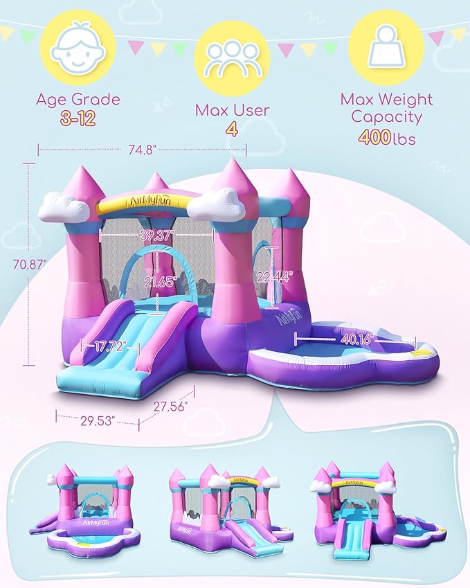 AirMyFun Pink Indoor/Outdoor Inflatable Bounce House for Kids 3-8 - Bouncy Castle with Slide, Blower, Water Pool & Ball Pit