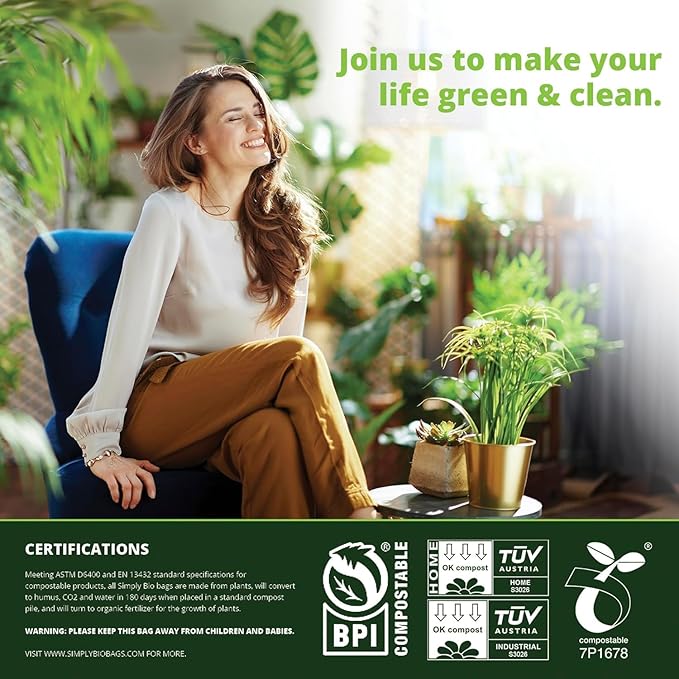 1.6 Gallon Compostable Trash Bags Handle, Heavy Duty Thick 0.6 Mil, 6.06 Liter, 50 Bags, Small Kitchen Food Scrap Waste Bag, ASTM D6400, US BPI and OK Compost Home Certified