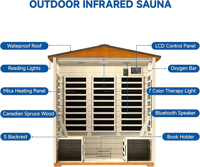 Outdoor Sauna 4 Person, Far Infrared Sauna for Home Low EMF, Wooden Spa Dry Saunas Room with Infrared Lighting and Integrated Speakers, 7 Colors Chromotherapy for Indoor and Gym