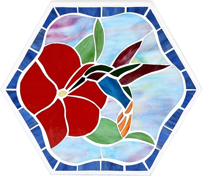Bieye MSS003 Tiffany Style Stained Glass Mosaic Decorative Stepping Stone for Garden Decor (13" Hexagonal, Hummingbird)