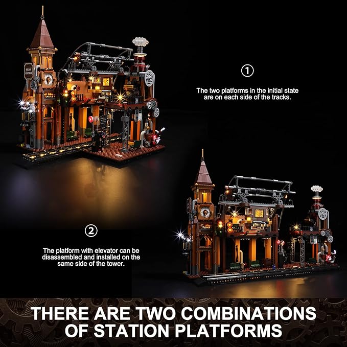 FUNWHOLE Train-Station Lighting Building Bricks Set - Steampunk LED Light Building Set 1843 Pieces for Adults and Teens