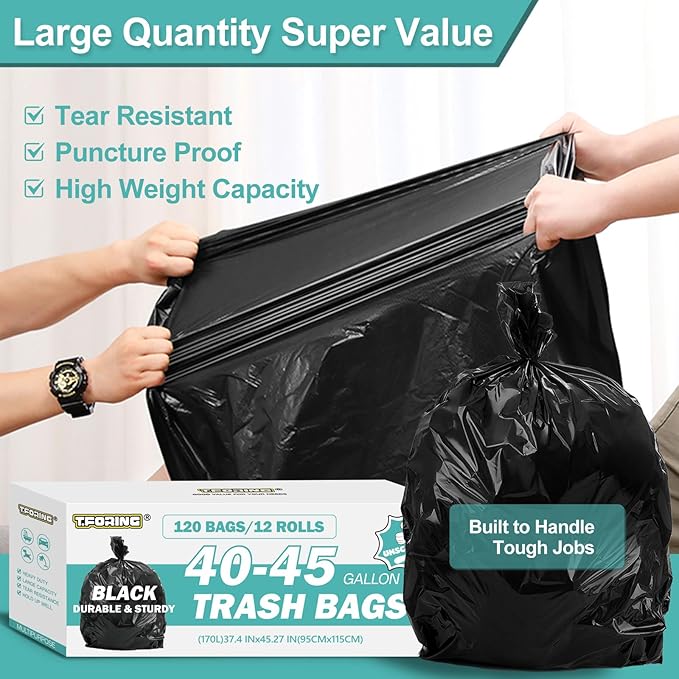 40-45 Gallon Black Trash Bags 120 Count - 37''x45'' Large Garbage Bags Unscented, 40+ Gallon Trash Can Liners, Multipurpose for Office, Outdoor, Recycling and Commercial