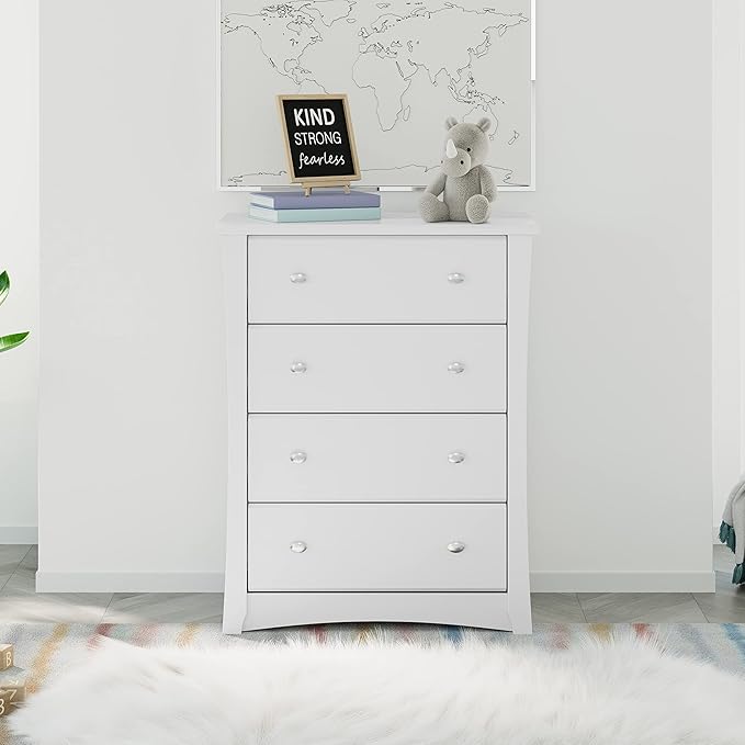 Storkcraft Crescent 4 Drawer Chest (White) – GREENGUARD Gold Certified, Dresser For Nursery, 4 Drawer Dresser, Kids Dresser, Nursery Dresser Drawer Organizer, Chest of Drawers