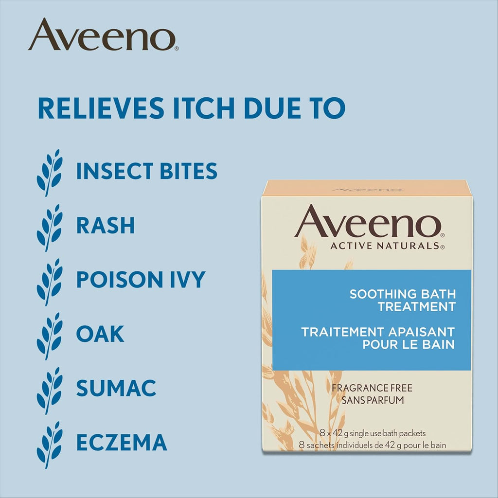 Aveeno Fragrance-Free Soothing Bath Treatment & Soak for Soothing Relief, 100% Natural Colloidal Oatmeal, Relieves Itchy, Irritated Skin Due to Eczema, 8 Single-Use Bath Packets