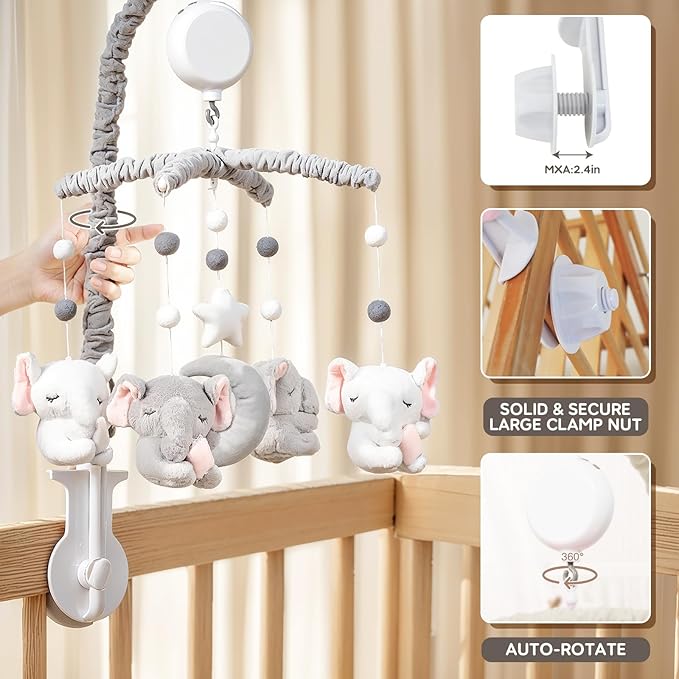 Baby Crib Mobile - Elephant Crib Mobile for Girls with 25 Inches Mobile Arm and 35 Lullabies Musical Box, 3 Modes Digital, Volume Control, Essential Gift for Infant Bedroom Hanging Decor