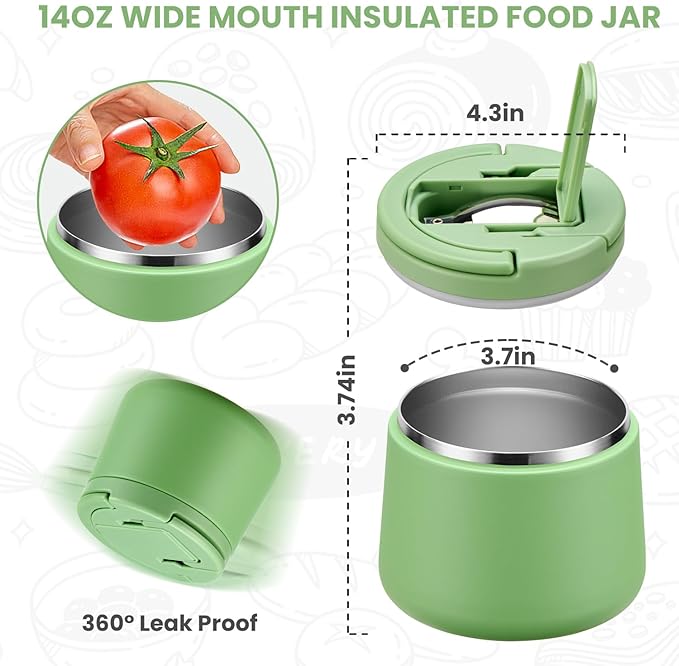 Soup Thermo for Hot Food Kids 14oz Lunch Containers with Buckle Lid Wide Mouth Hot Food Jar Vacuum Insulated Stainless Steel Bento Box Leakproof with Spoon(Green)