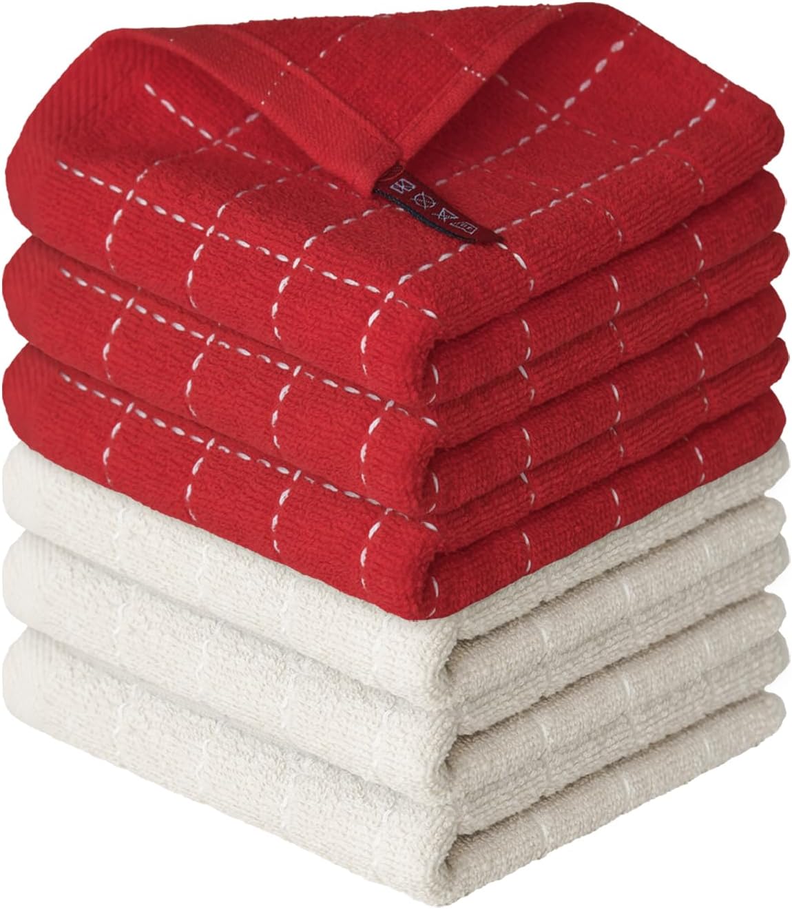 Artoid Mode Checkered Designed Cotton Beige Red Terry Kitchen Dish Cloths, 12x12 Inch Soft Absorbent Quick Drying Cleaning Kitchen Rags Set of 6