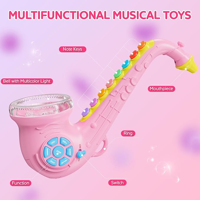 Contixo KT1 Toy Saxophone, Pink Digital Saxaboom, Trumpet, Clarinet with Light & Sound, Early Education Musical Instrument Gift for Toddlers Kids Girls Boys