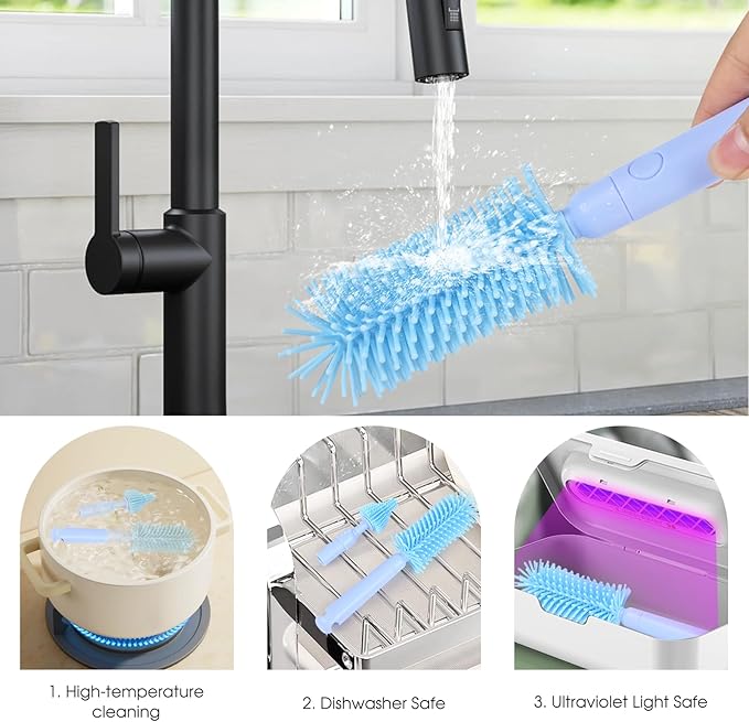 Portable Baby Bottle Brush Set - 7 in 1 Baby Bottle Cleaner Kit, Baby Travel Essential Bottle Washing Kit with Silicone Bottle Brush, Nipple Brush, Straw Brush, Drying Rack for Home and Travel (Blue)