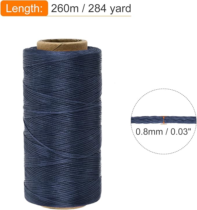 MECCANIXITY Waxed Thread,284 Yard 0.8mm 150D Flat Wax Thread Polyester Waxed String for Leather Sewing Hand Weaving Book Binding Home Decoration,Deep Blue