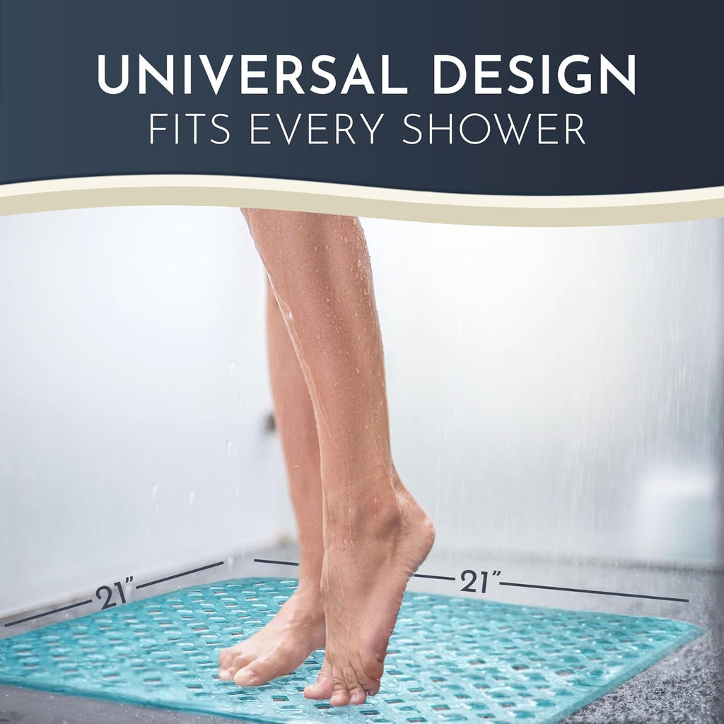 Homerella Anti Slip Shower Mat | Anti Mold Non Slip Bathtub Mat for Inside Shower | Square Floor Shower Mat 21 x 21 inch with Suction Cups for Grip & Hooks Hanging and Quick Drying | Machine Washable