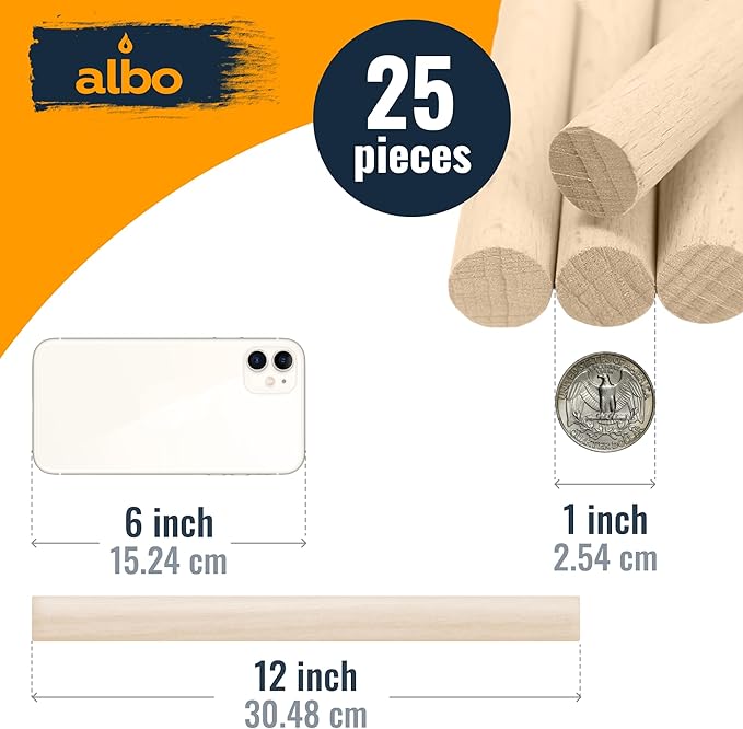 ALBO 1" x 12" Wooden Dowel Rods Set - 25 Pack Birch Natural Furniture Craft Sticks Shelf Supports Woodworking Pegs Hardwood Sanded Smooth Perfect Crafts DIY Projects Bulk Professional Pack
